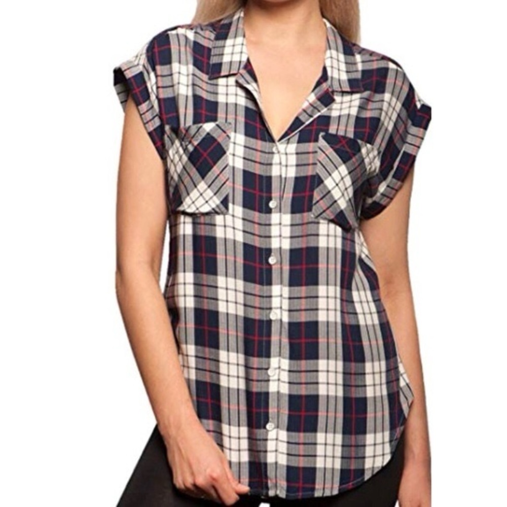 Jachs Girlfriend Plaid Cap Sleeve Button Up Shirt